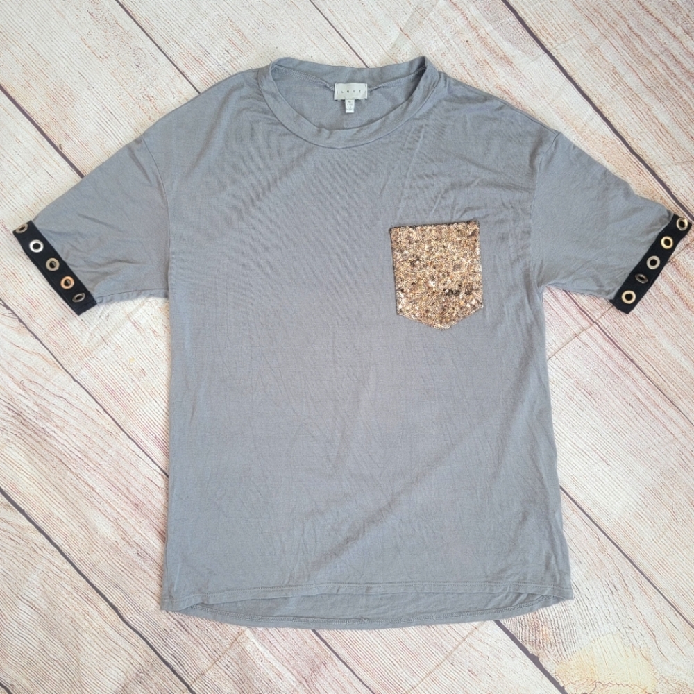 Luxe Blue Gray Tee Grommet Sleeves Gold Pocket Sm